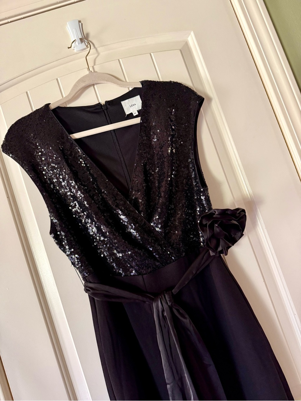 Lena Formal Black Sequin Wrap-Style Jumpsuit with Floral Sash